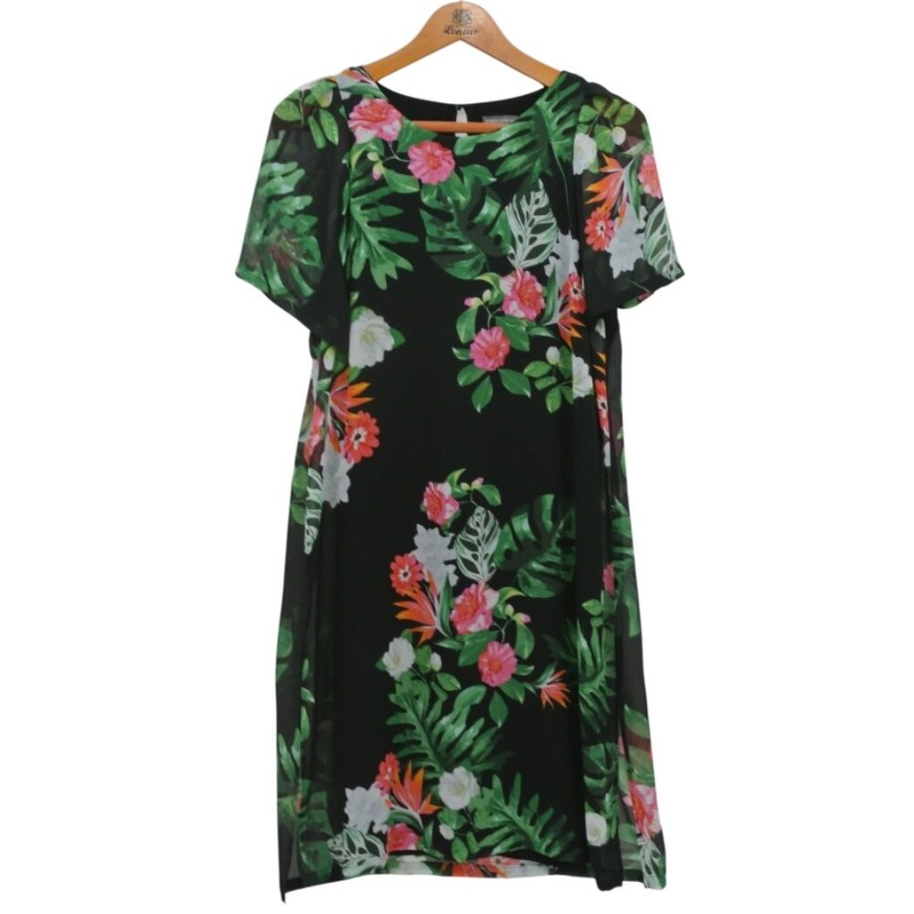 Vince Camuto Black Tropical Floral Chiffon Flutter Sleeve Midi‎ Dress Size M